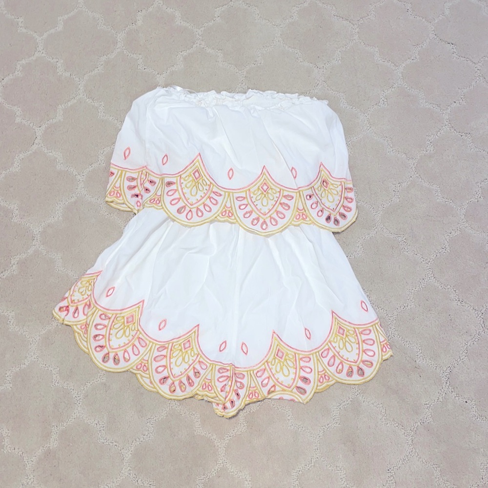 Beautiful Lovers + Friends romper! White with pink and yellow detail.